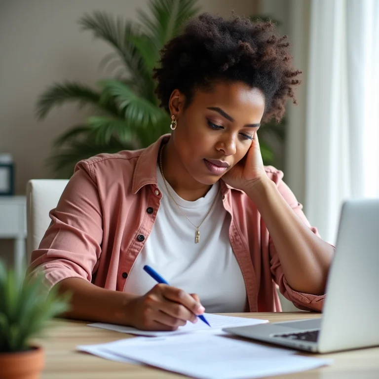 Mulher plus size respondendo pesquisas online com consistência