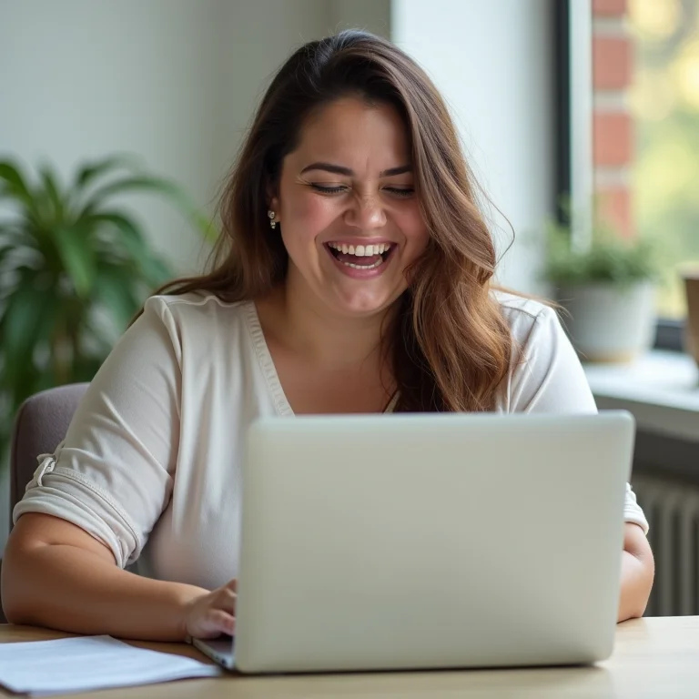 Mulher plus size rindo ao analisar respostas de pesquisa de satisfação em um laptop