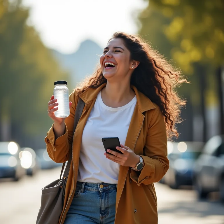 Mulher plus size rindo bebendo água