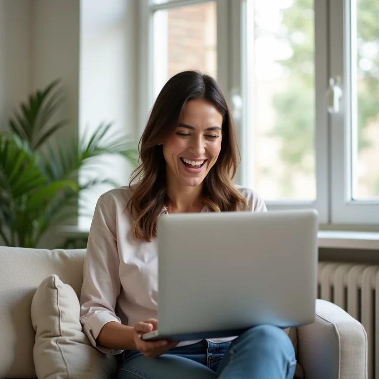 Mulher plus size rindo durante uma videochamada, representando a interação com a rede de contatos.