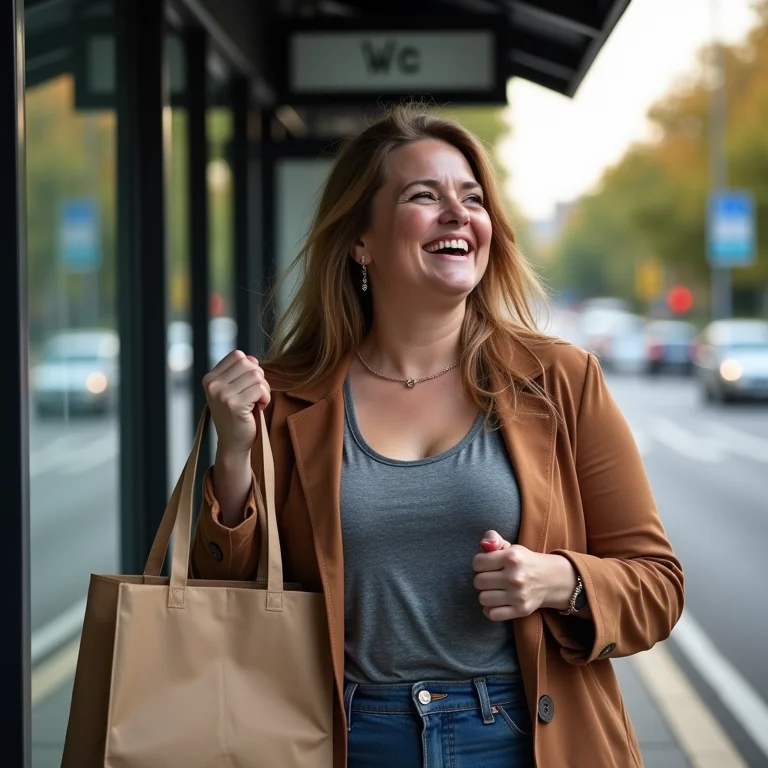 Mulher plus size rindo enquanto espera no ponto de ônibus