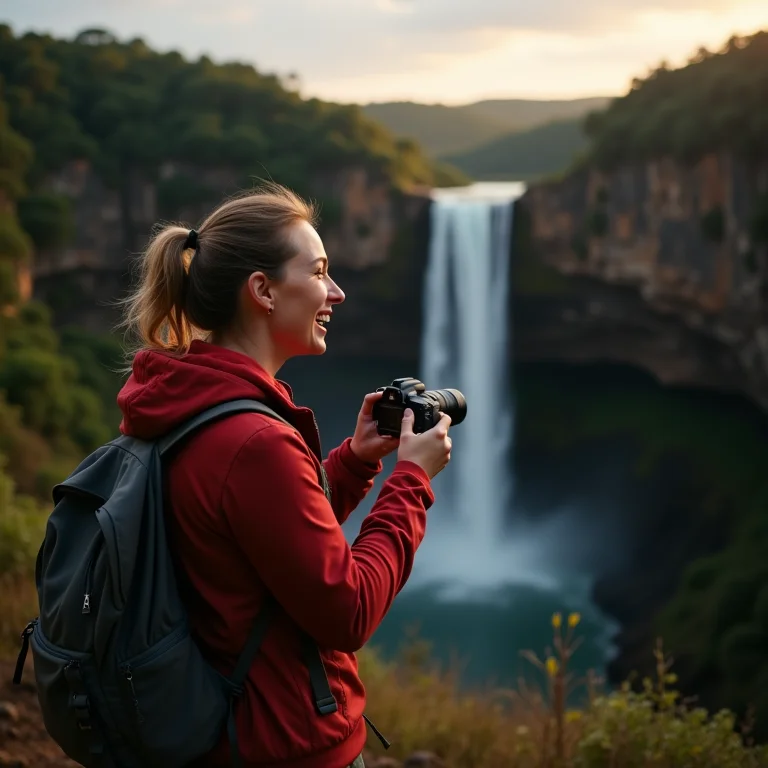 Mulher plus size rindo enquanto fotografa a Cachoeira da Fumaça na Chapada Diamantina.