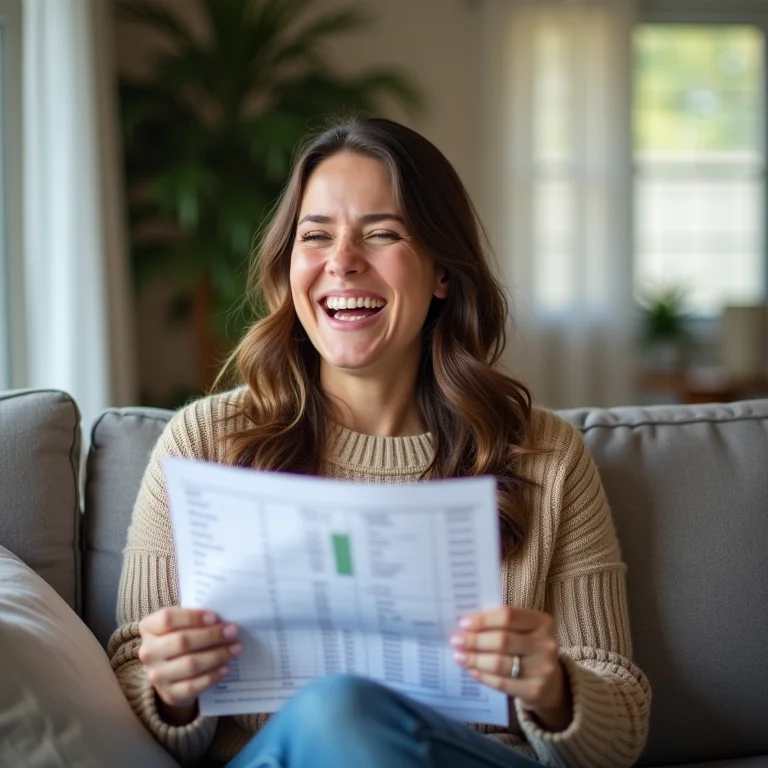 Mulher plus size rindo, segurando uma planilha de gastos com alívio.