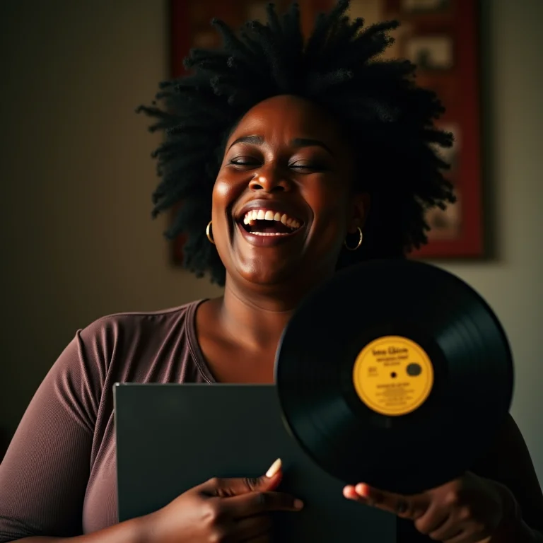 Mulher Plus Size segurando o disco Moanin' de Art Blakey.