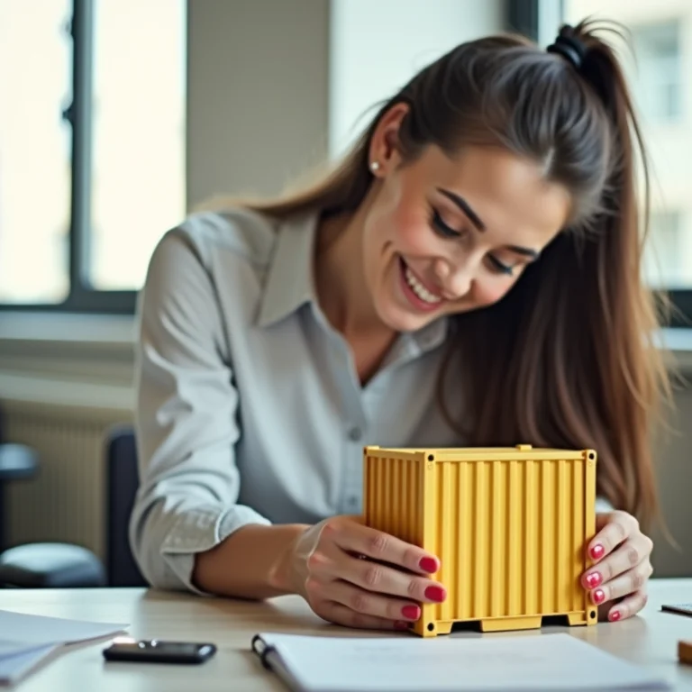 Mulher plus size sorrindo ao planejar o transporte internacional de suas mercadorias.