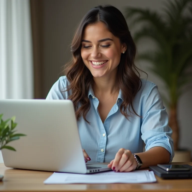 Mulher Plus Size sorrindo enquanto olha templates de currículo no Resume.com
