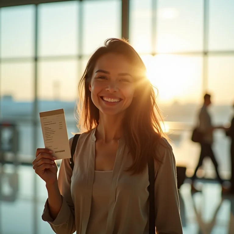 Mulher plus size sorrindo no aeroporto com um cartão de embarque na mão.