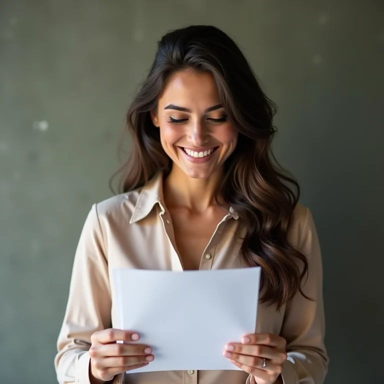 Mulher plus size sorrindo, revisando anotações para pitch