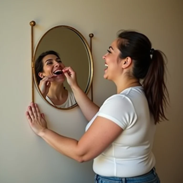 Mulher plus size usando fita VHB para pendurar espelho pesado