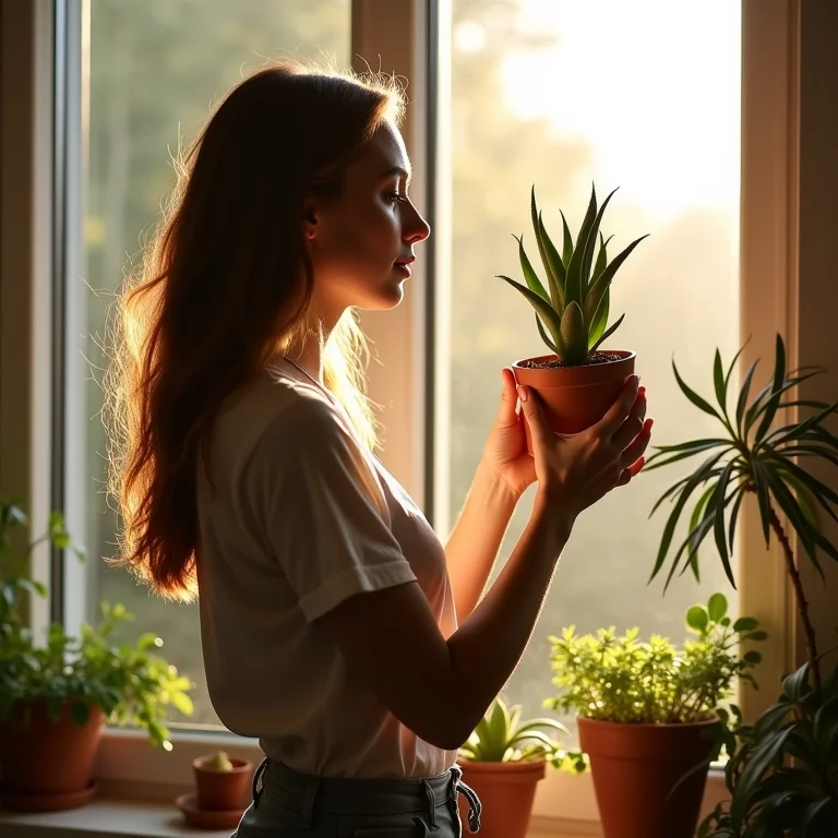 Mulher posicionando suculenta perto da janela