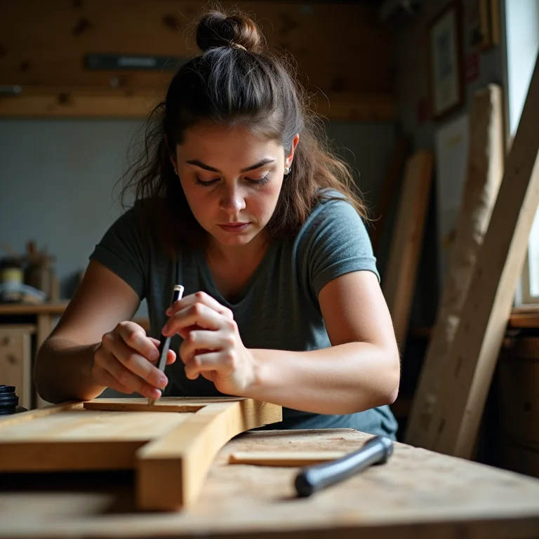 Mulher reconstruindo parte danificada de móvel de madeira