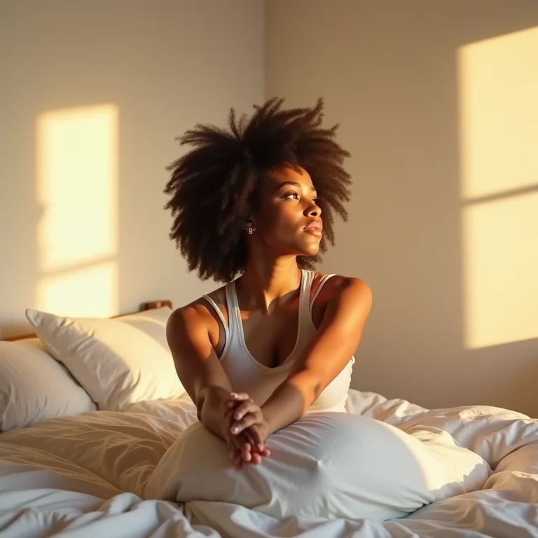 Mulher se alongando na cama com movimentos suaves