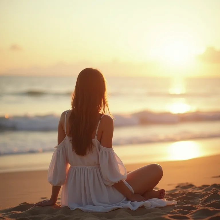 Mulher sentada na areia olhando para o oceano de manhã cedo