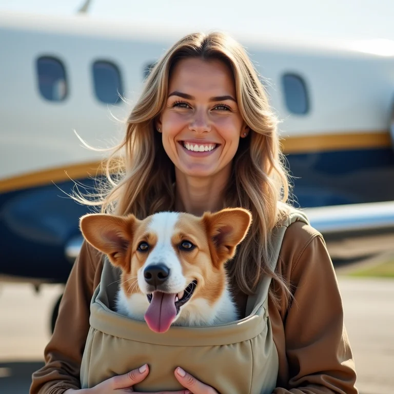 Mulher sorrindo com cachorro em frente a avião da Gol