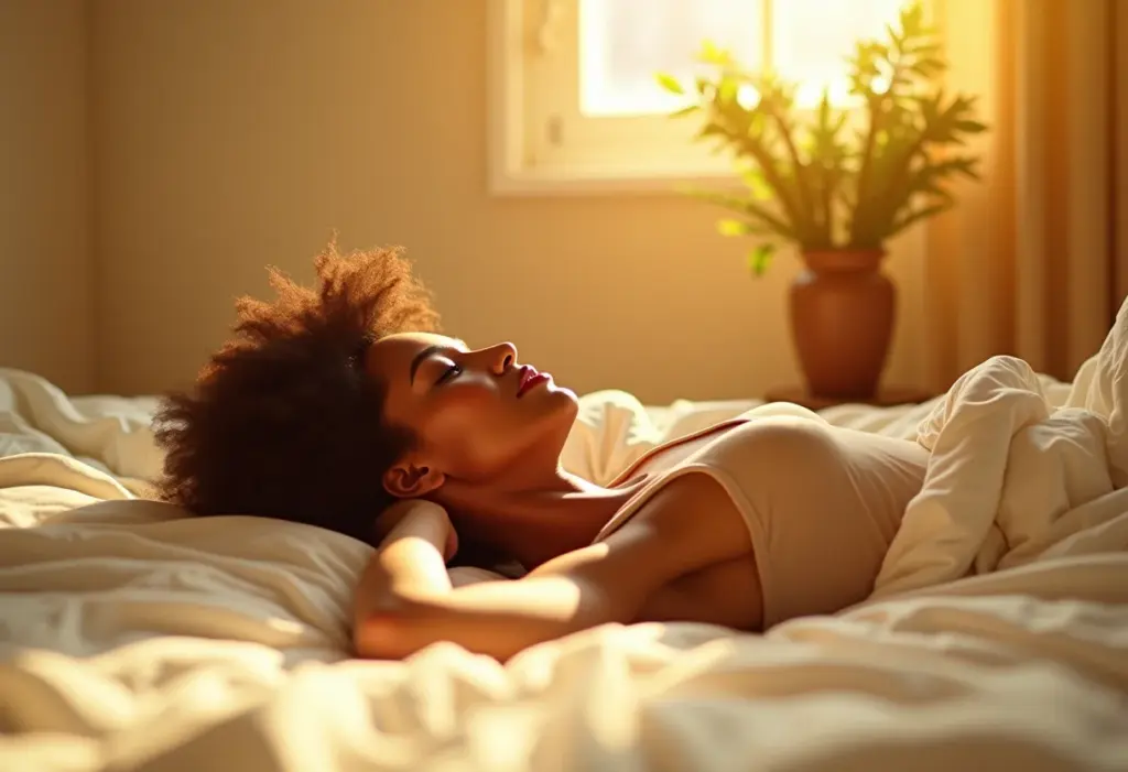 Mulher sorrindo se alongando na cama pela manhã