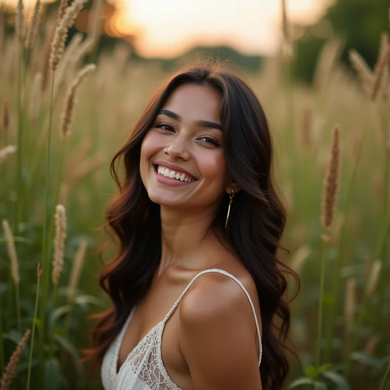 Mulher sorrindo serenamente em meio à natureza