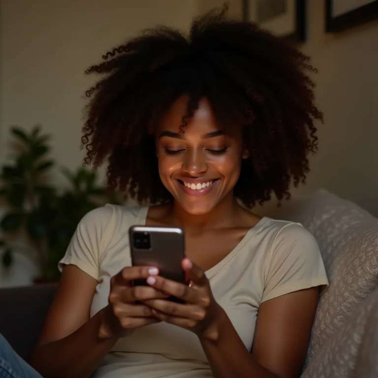 Mulher sorrindo usando o app Meditopia para meditação.