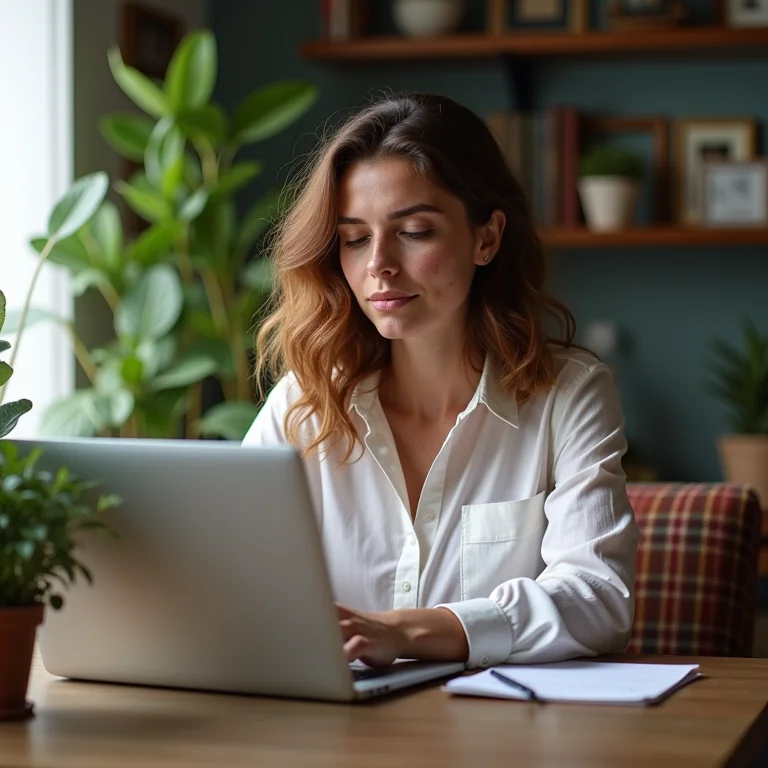 Mulher trabalhando remotamente em escritório charmoso