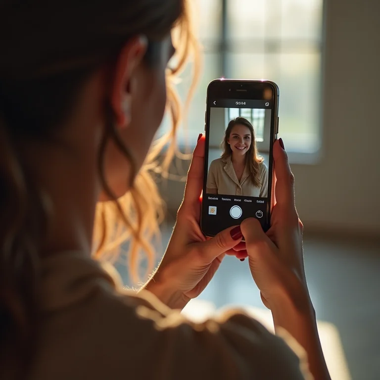 Mulher usando um smartphone para gravar um vídeo para as redes sociais.
