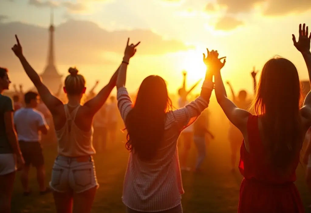 Multidão reunida em festival de música com atmosfera vibrante e ensolarada.