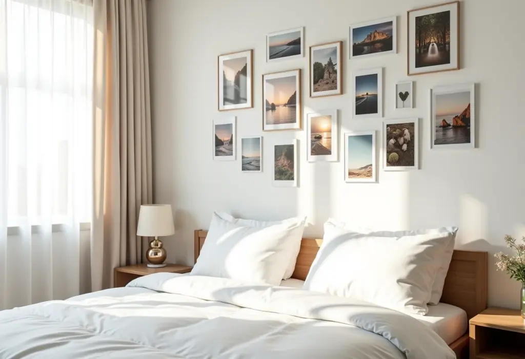 Mural de fotos estiloso em quarto moderno