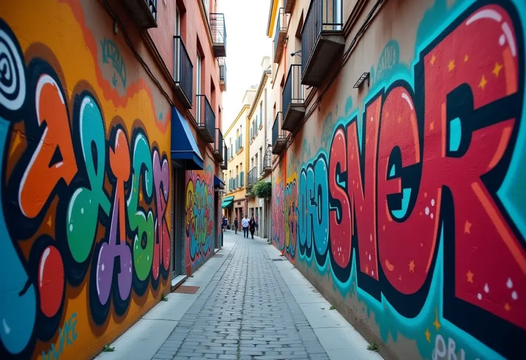 Mural de grafite colorido em viela urbana