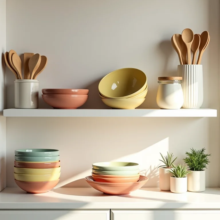 Objetos decorativos em prateleiras de cozinha