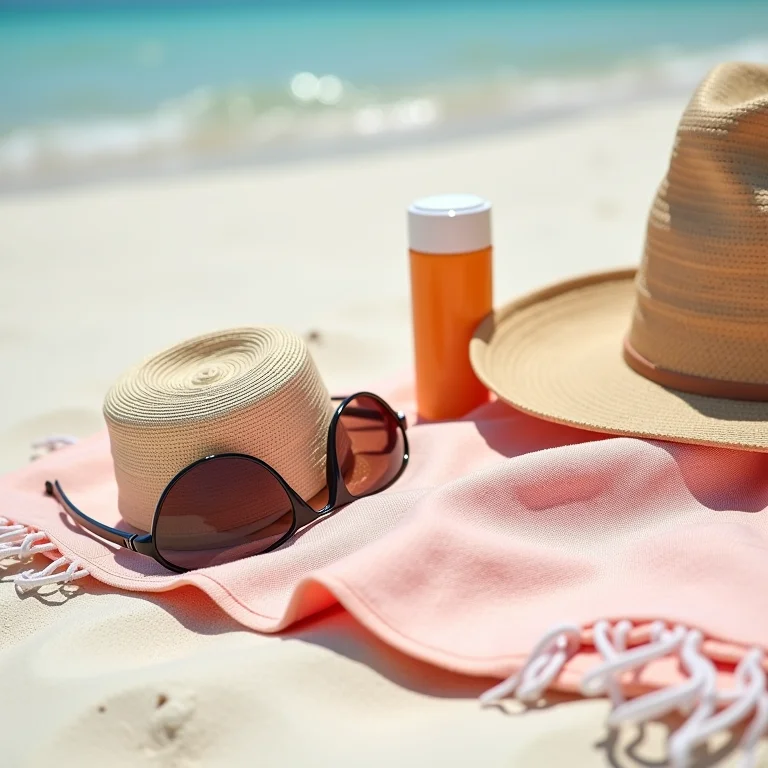 Óculos de sol, protetor solar, chapéu e toalha de praia organizados na areia