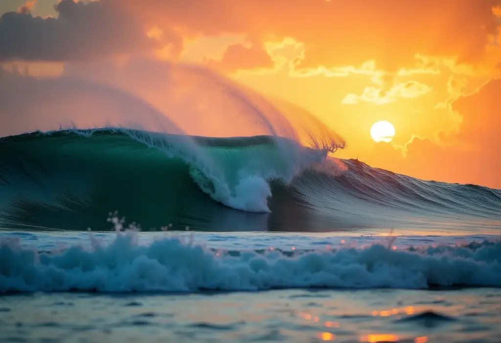 Ondas poderosas quebrando em uma praia tropical ao pôr do sol.