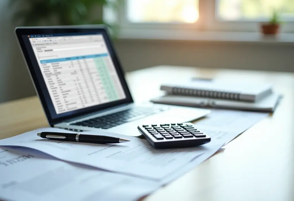 Organização de documentos financeiros em escritório minimalista