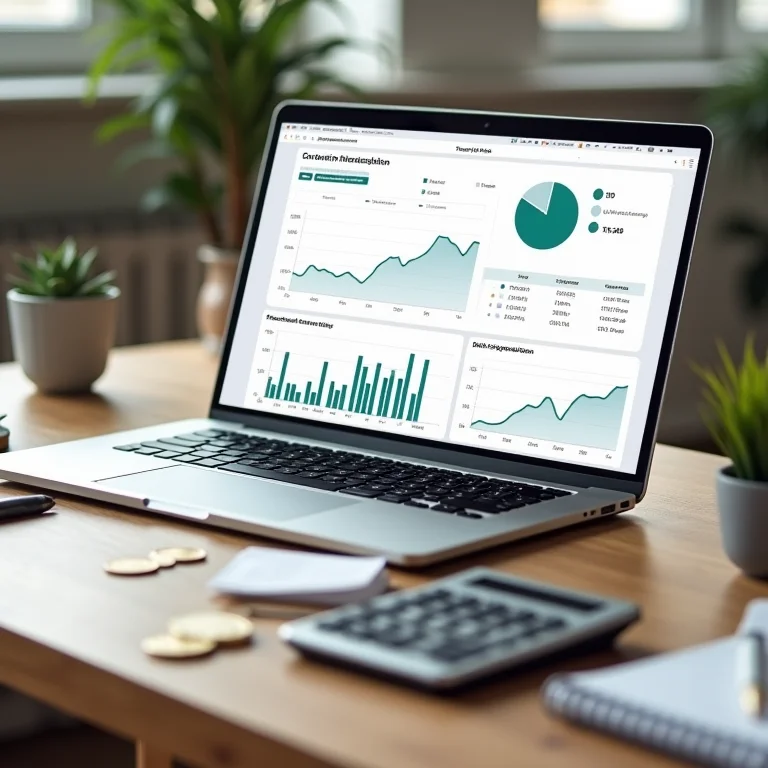 Painel financeiro em um laptop com calculadora, moedas e caderno.