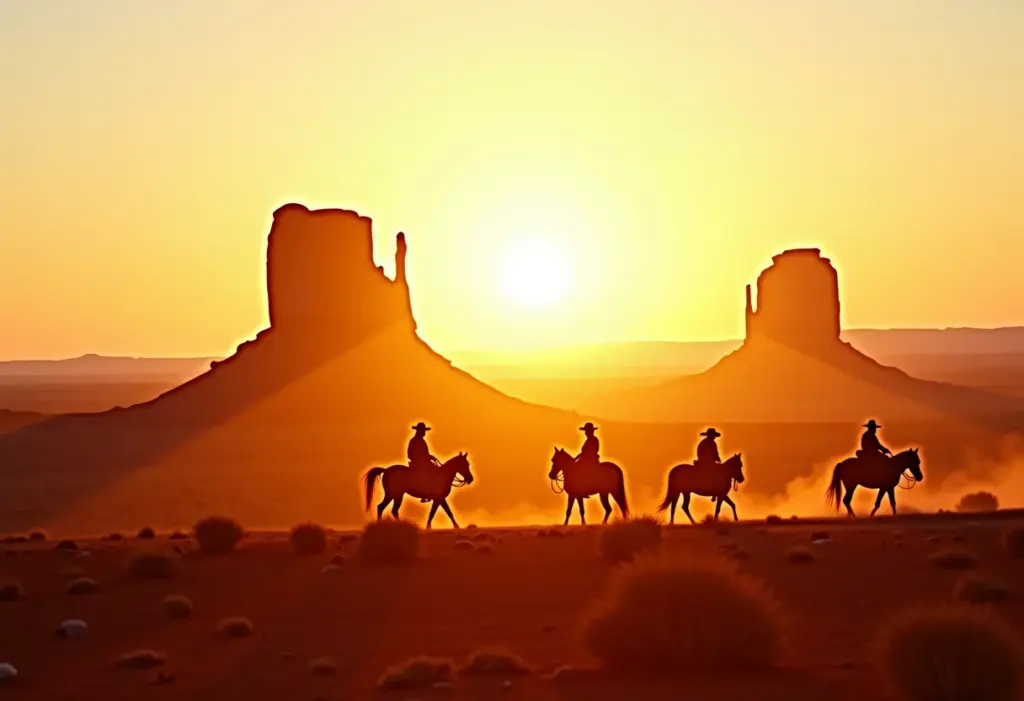 Paisagem clássica de faroeste com cowboys ao entardecer