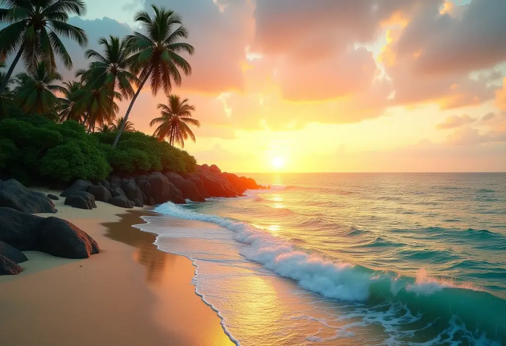 Paisagem costeira exuberante no litoral sul da Bahia ao entardecer