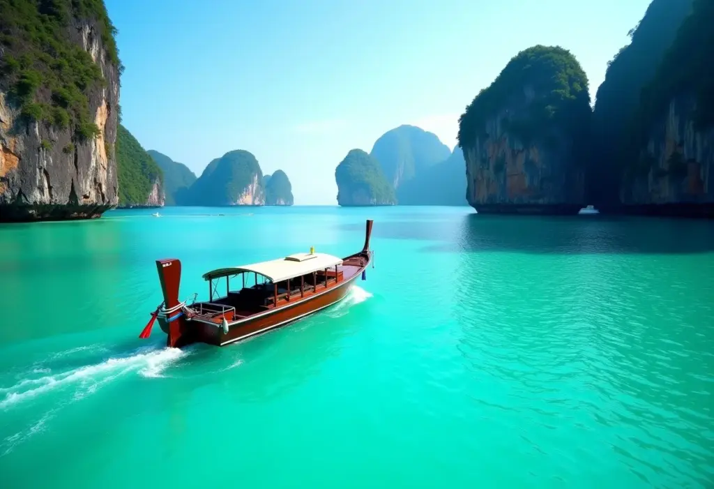 Paisagem paradisíaca na Tailândia com barco típico e água cristalina.