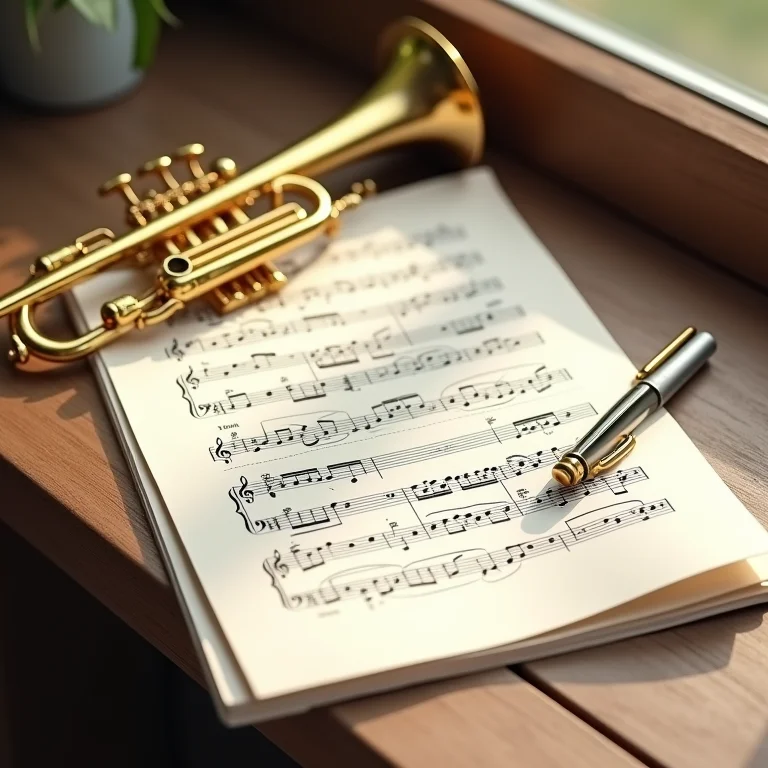 Partituras e instrumentos musicais dourados