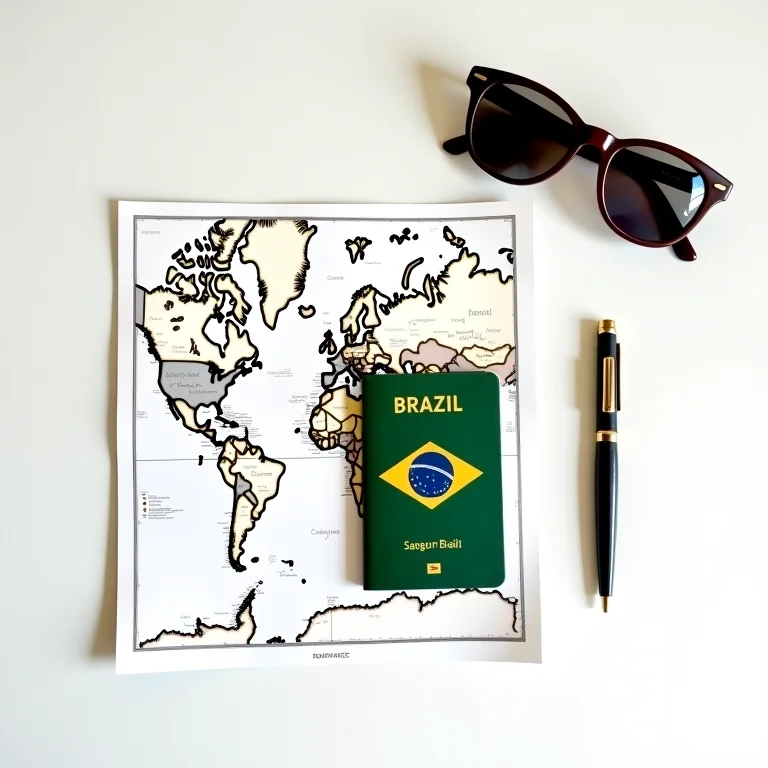 Passaporte brasileiro aberto em cima de um mapa mundi