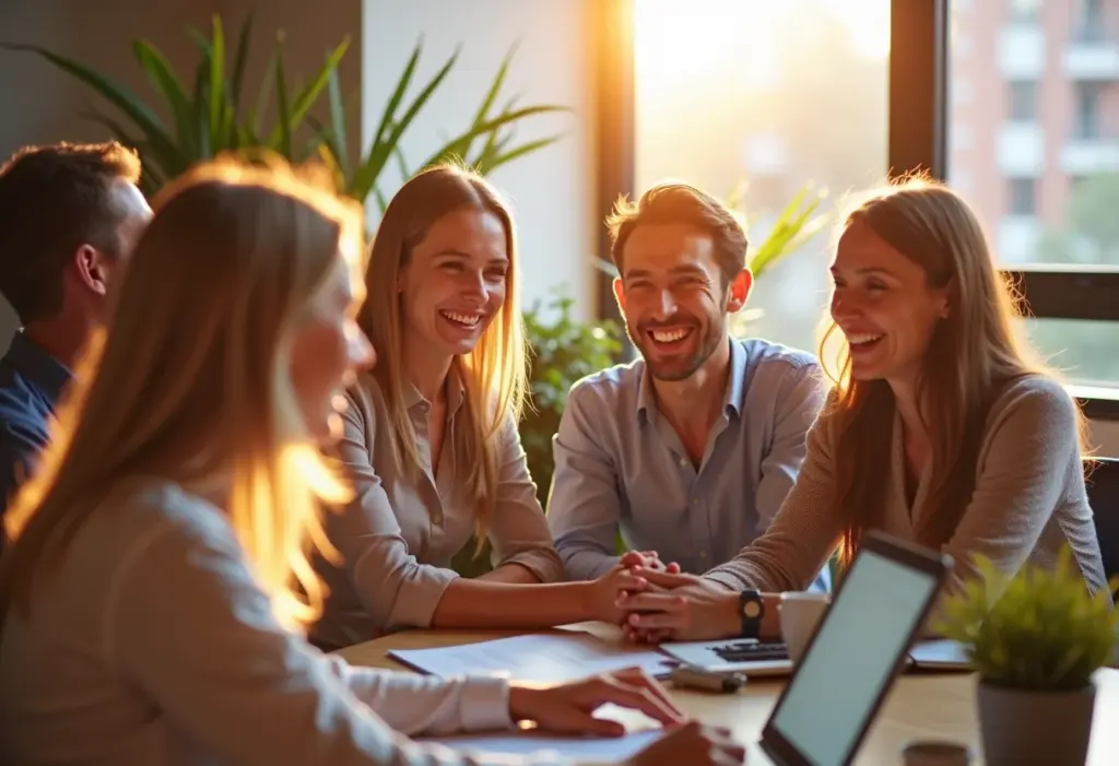 Pessoas diversas sorrindo em ambiente de trabalho moderno e acolhedor