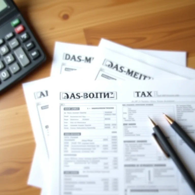 Pilhas de documentos fiscais (DAS-MEI) com calculadora e caneta