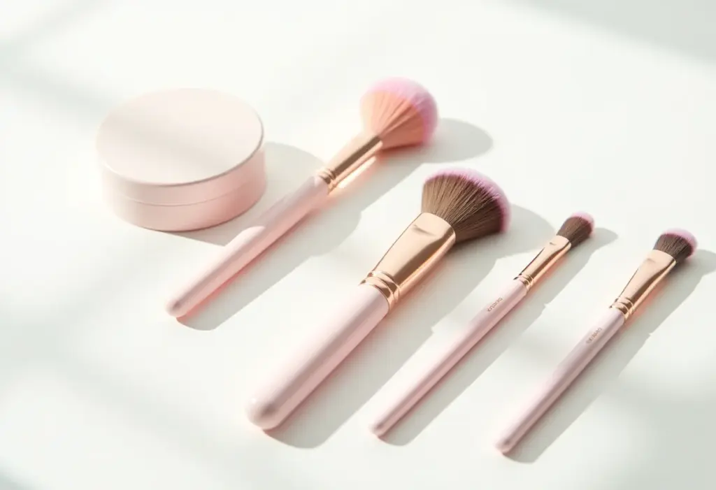 Pincéis de maquiagem baratos dispostos em composição minimalista