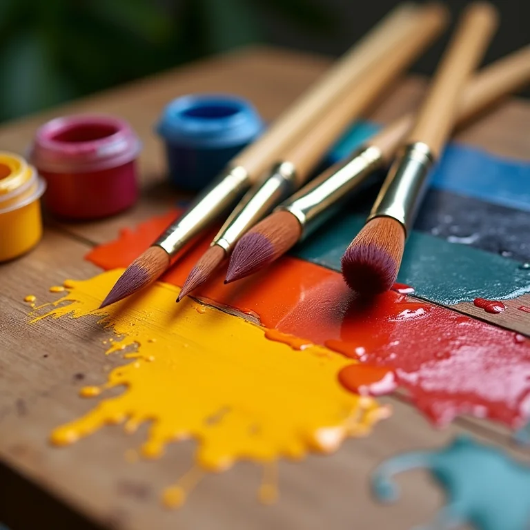 Pincéis e latas de tinta em cores vibrantes e aconchegantes
