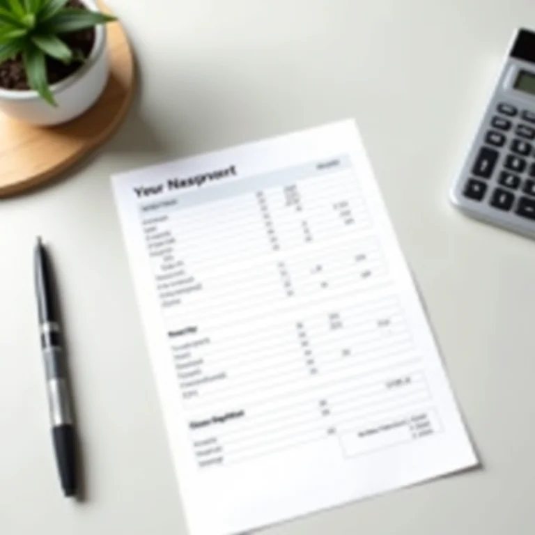 Planilha de controle de gastos impressa em uma mesa organizada.