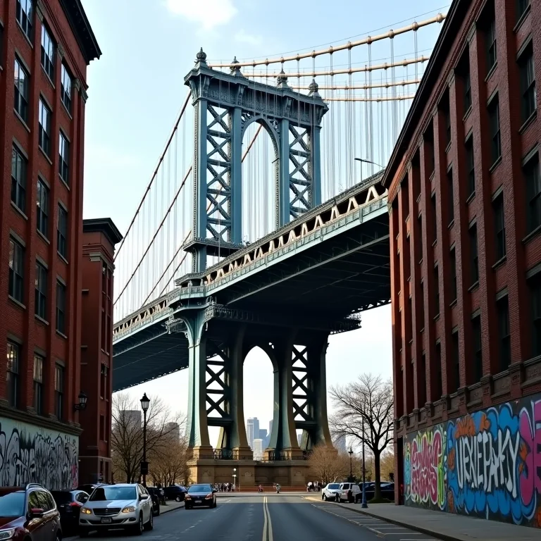 Ponte do Brooklyn com grafite em primeiro plano