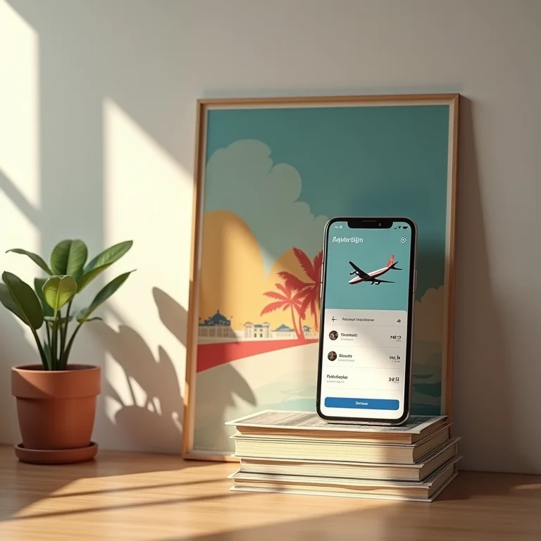 Posters de viagem antigos e um smartphone moderno com aplicativo de comparação de voos.