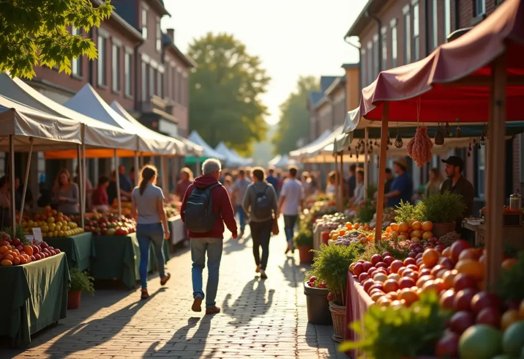 Praça movimentada em pequena cidade com mercado de produtores locais