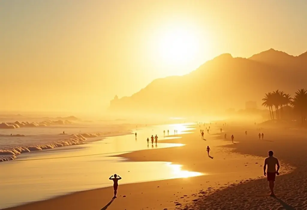 Praia do Rio de Janeiro ao pôr do sol, com pessoas aproveitando