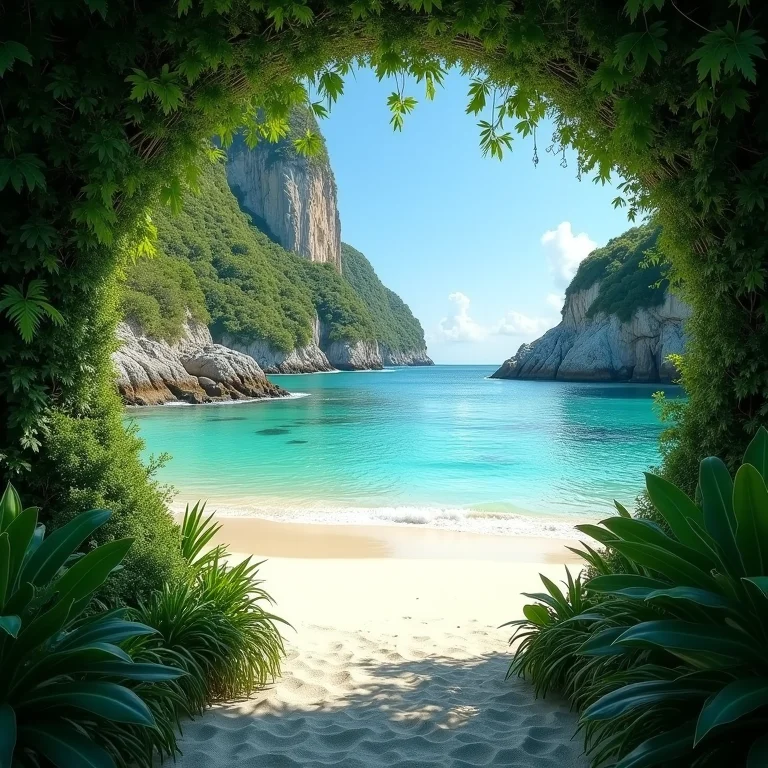 Praia isolada com vegetação exuberante e água cristalina