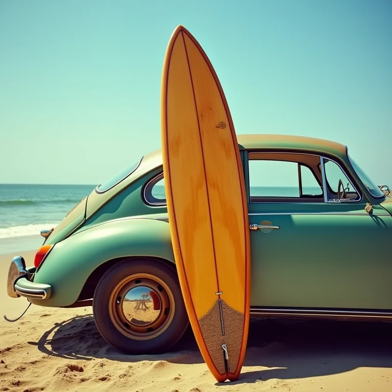 Prancha de surfe de madeira vintage encostada em um carro clássico.