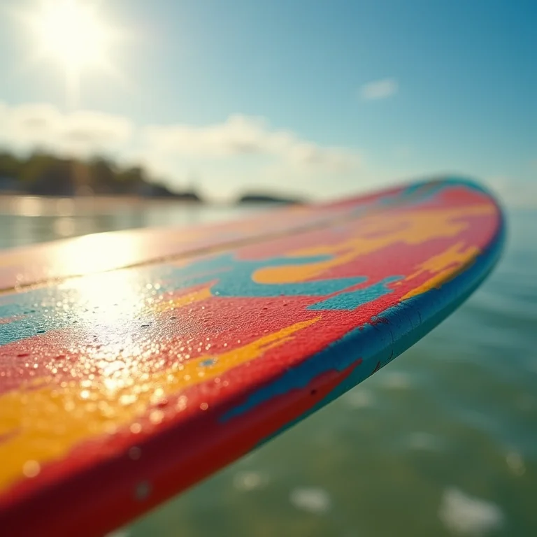 Prancha de surfe shortboard colorida com detalhes gráficos.