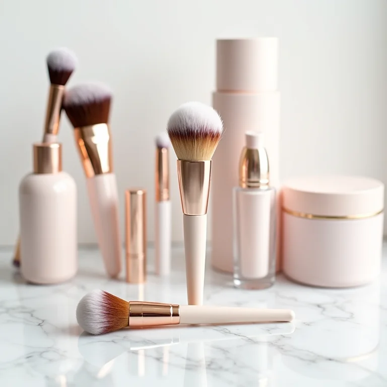 Produtos de skincare e maquiagem organizados em uma bancada de mármore.