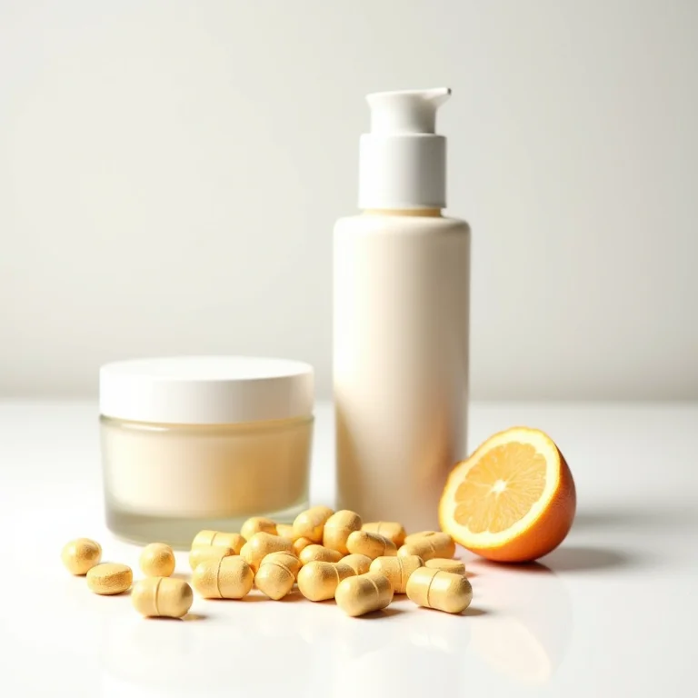 Produtos de skincare natural, vitaminas e lanches saudáveis dispostos em superfície branca